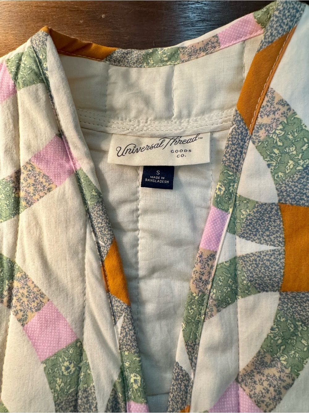 Universal Thread Patchwork Quilted Jacket in Cream, Pink, Green & Mustard